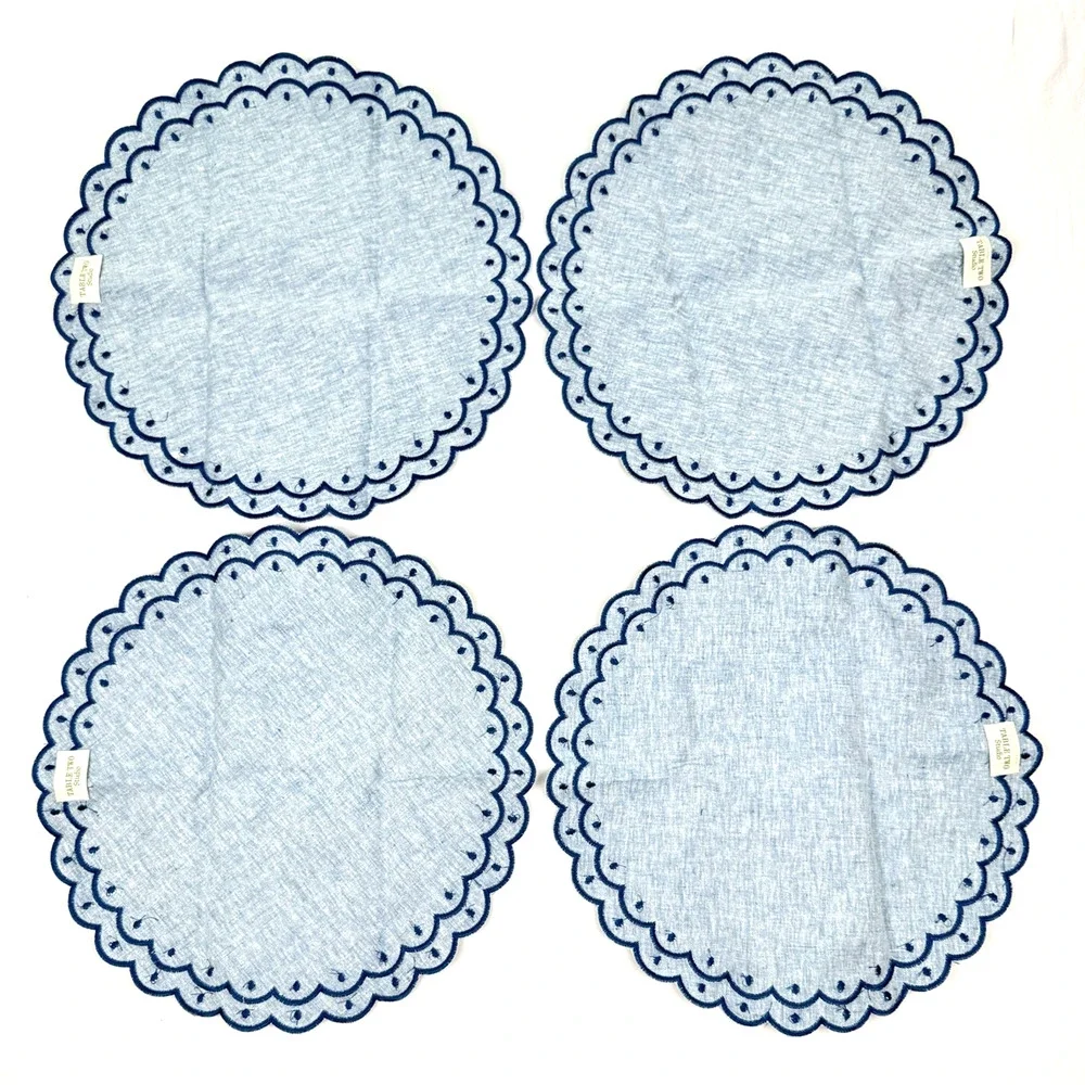Table Two Studio Avalon Placemat Set Embroidered Chambray Linen Scalloped